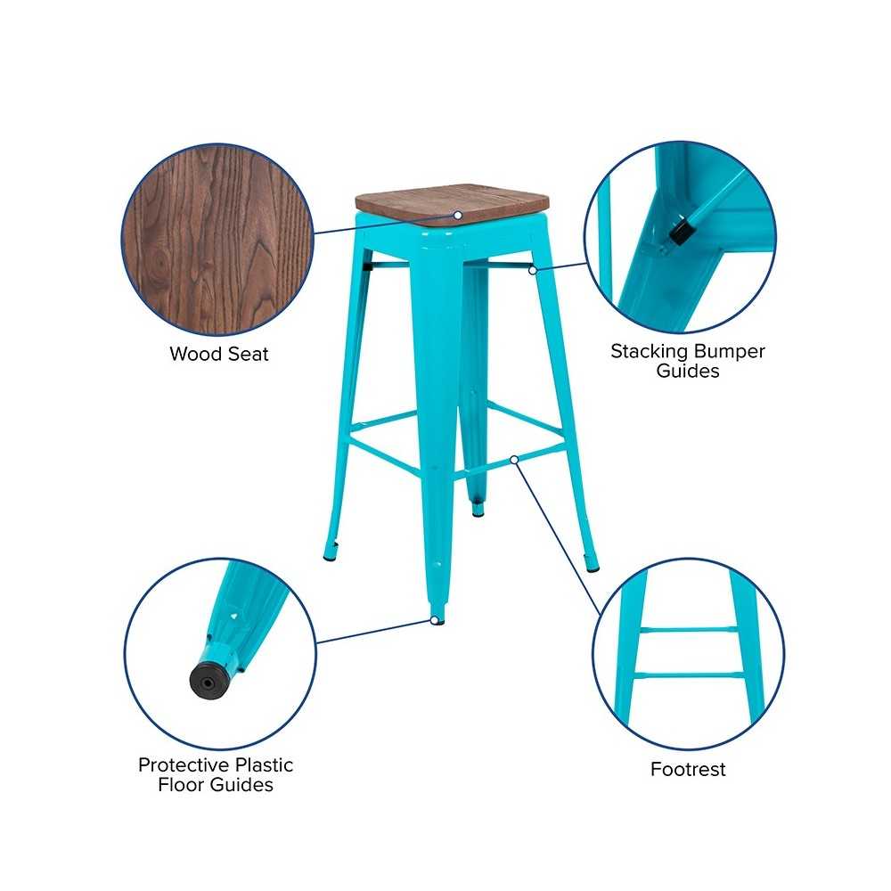 30" High Metal Indoor Bar Stool with Wood Seat in Teal - Stackable Set of 4