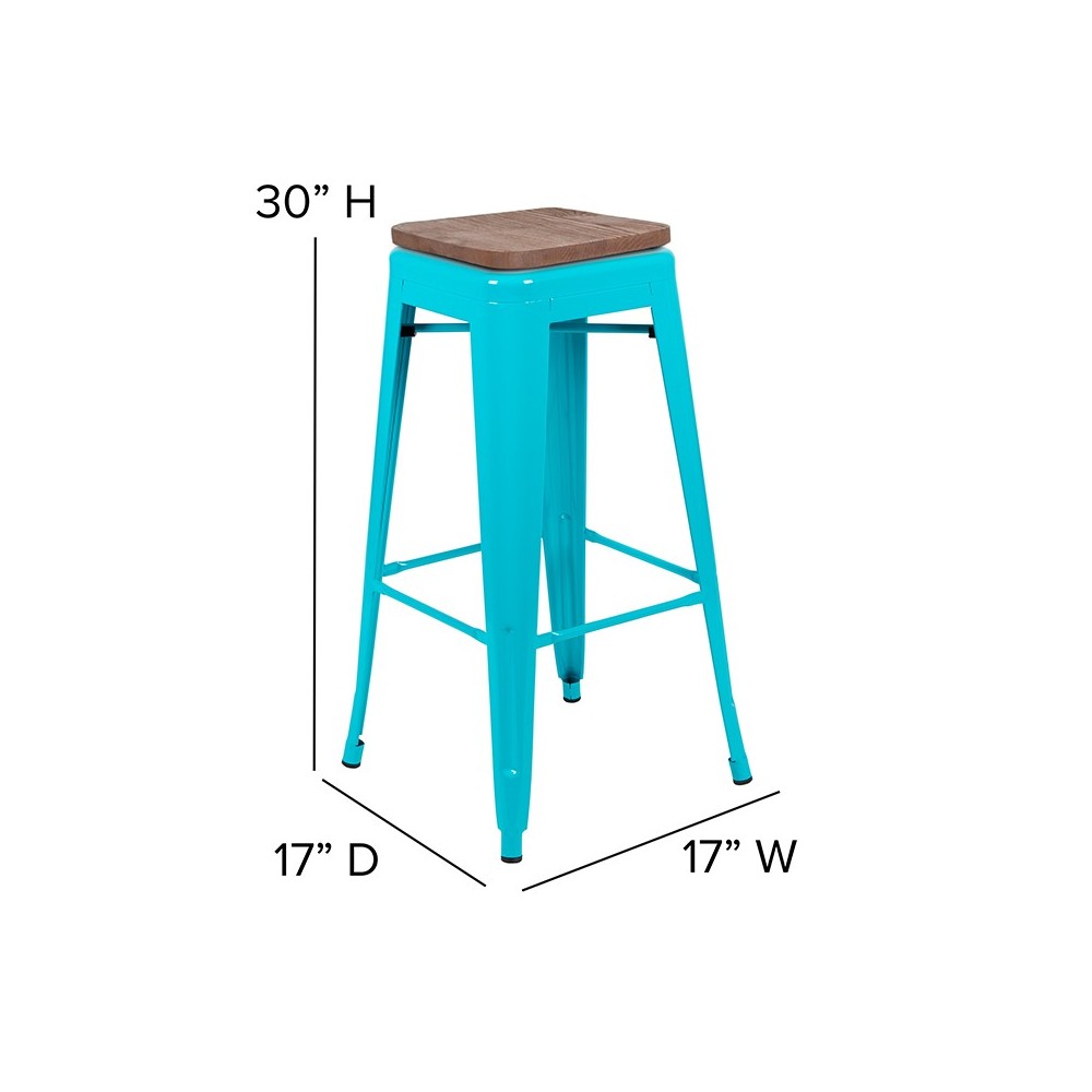 30" High Metal Indoor Bar Stool with Wood Seat in Teal - Stackable Set of 4