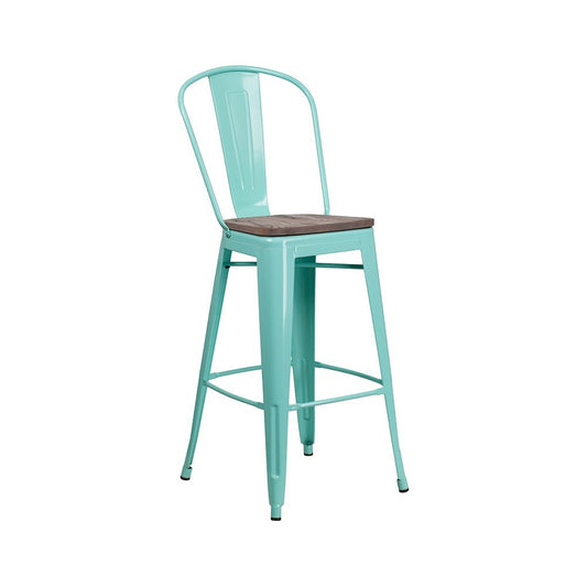 30" High Mint Green Metal Barstool with Back and Wood Seat