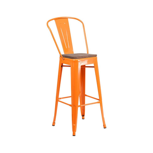 30" High Orange Metal Barstool with Back and Wood Seat