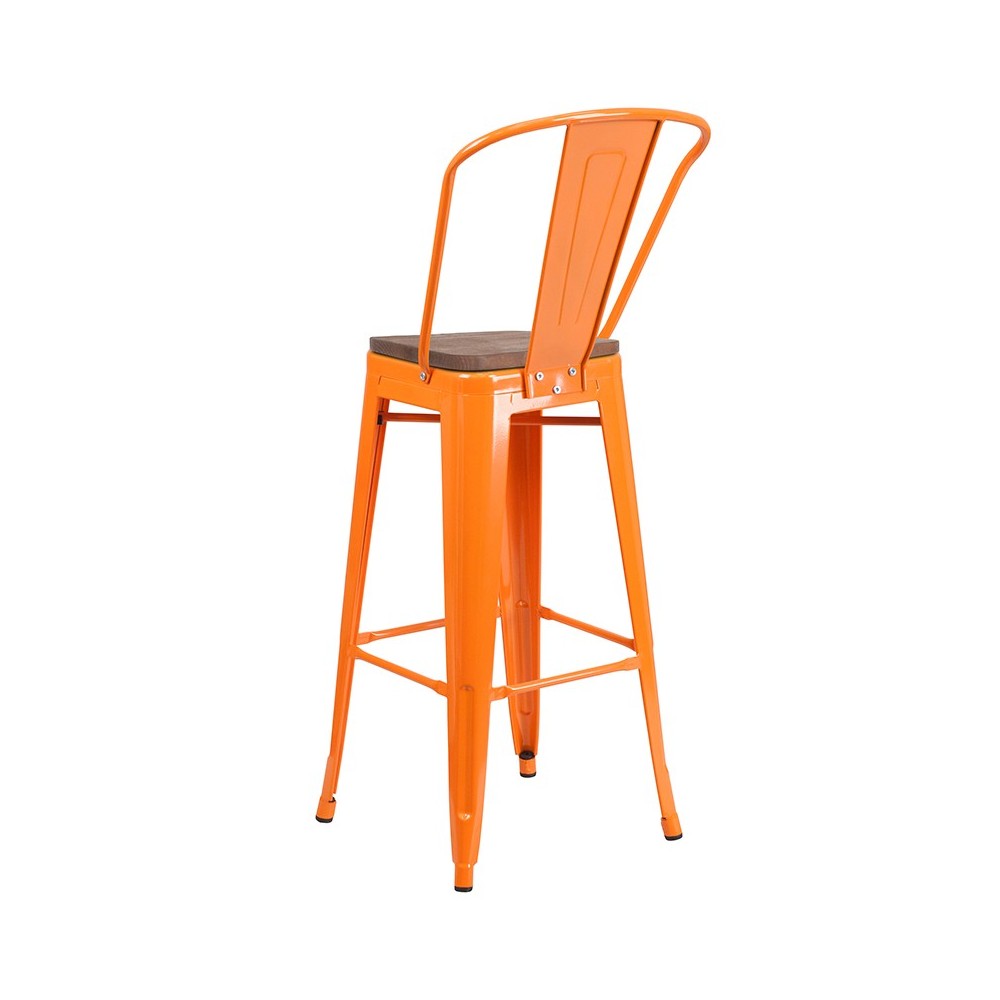 30" High Orange Metal Barstool with Back and Wood Seat