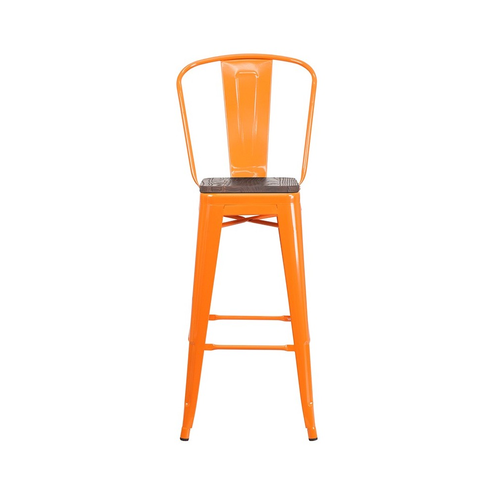 30" High Orange Metal Barstool with Back and Wood Seat