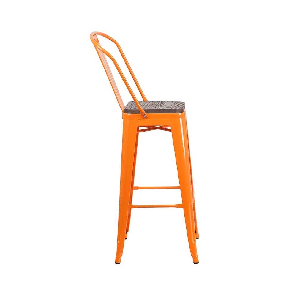 30" High Orange Metal Barstool with Back and Wood Seat