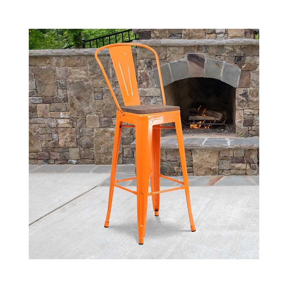 30" High Orange Metal Barstool with Back and Wood Seat