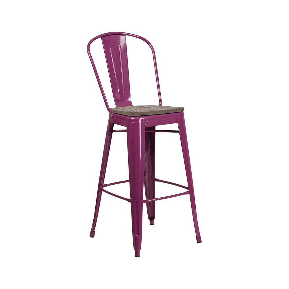 30" High Purple Metal Barstool with Back and Wood Seat