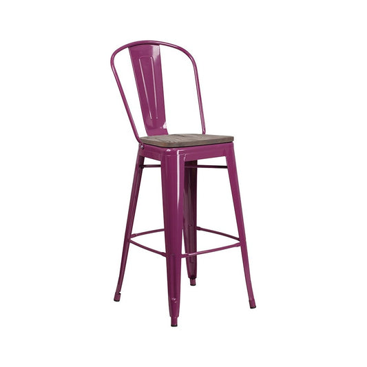 30" High Purple Metal Barstool with Back and Wood Seat
