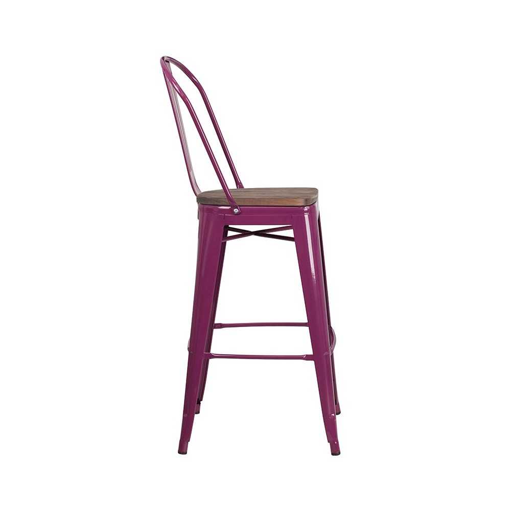 30" High Purple Metal Barstool with Back and Wood Seat