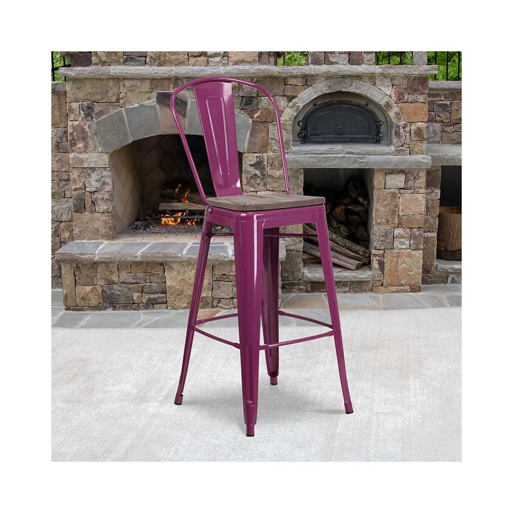 30" High Purple Metal Barstool with Back and Wood Seat
