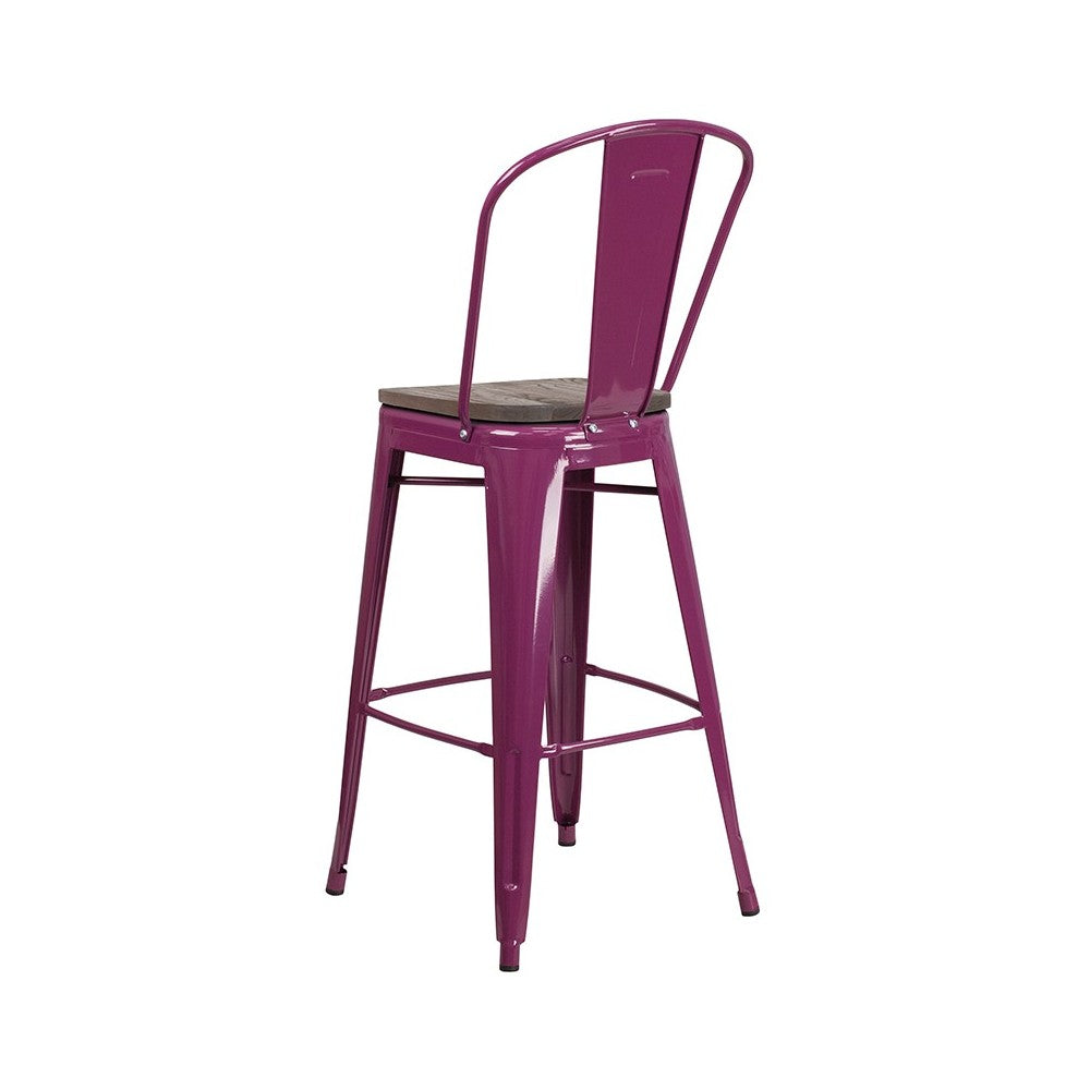30" High Purple Metal Barstool with Back and Wood Seat