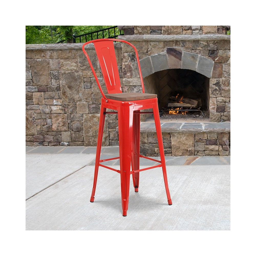 30" High Red Metal Barstool with Back and Wood Seat