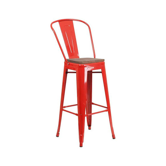 30" High Red Metal Barstool with Back and Wood Seat
