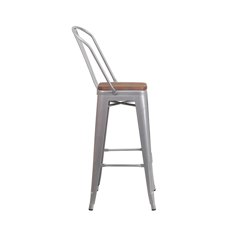 30" High Silver Metal Barstool with Back and Wood Seat