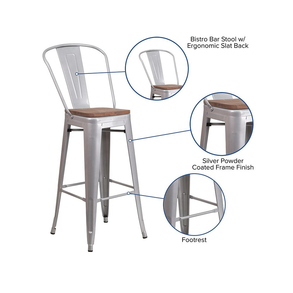 30" High Silver Metal Barstool with Back and Wood Seat