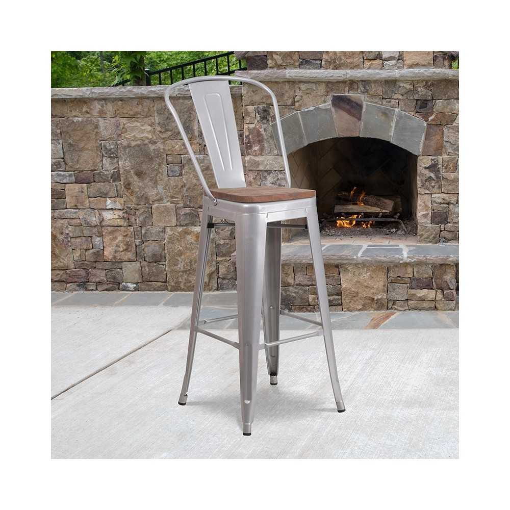 30" High Silver Metal Barstool with Back and Wood Seat
