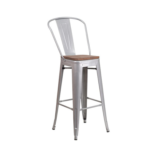 30" High Silver Metal Barstool with Back and Wood Seat