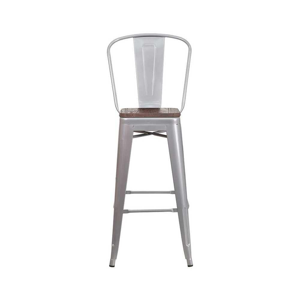 30" High Silver Metal Barstool with Back and Wood Seat