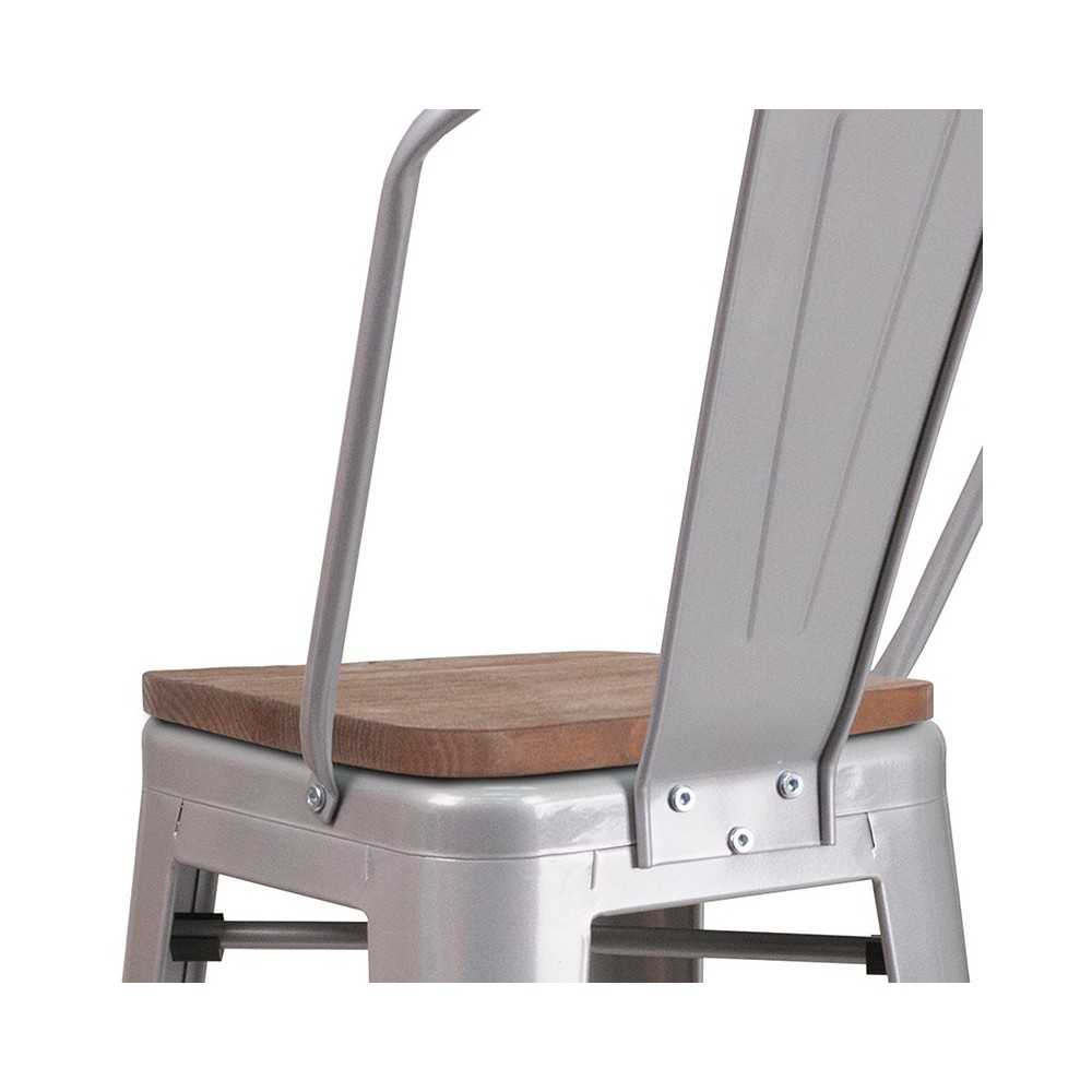 30" High Silver Metal Barstool with Back and Wood Seat