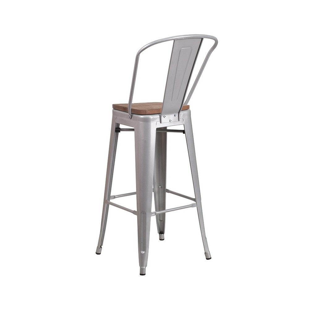 30" High Silver Metal Barstool with Back and Wood Seat