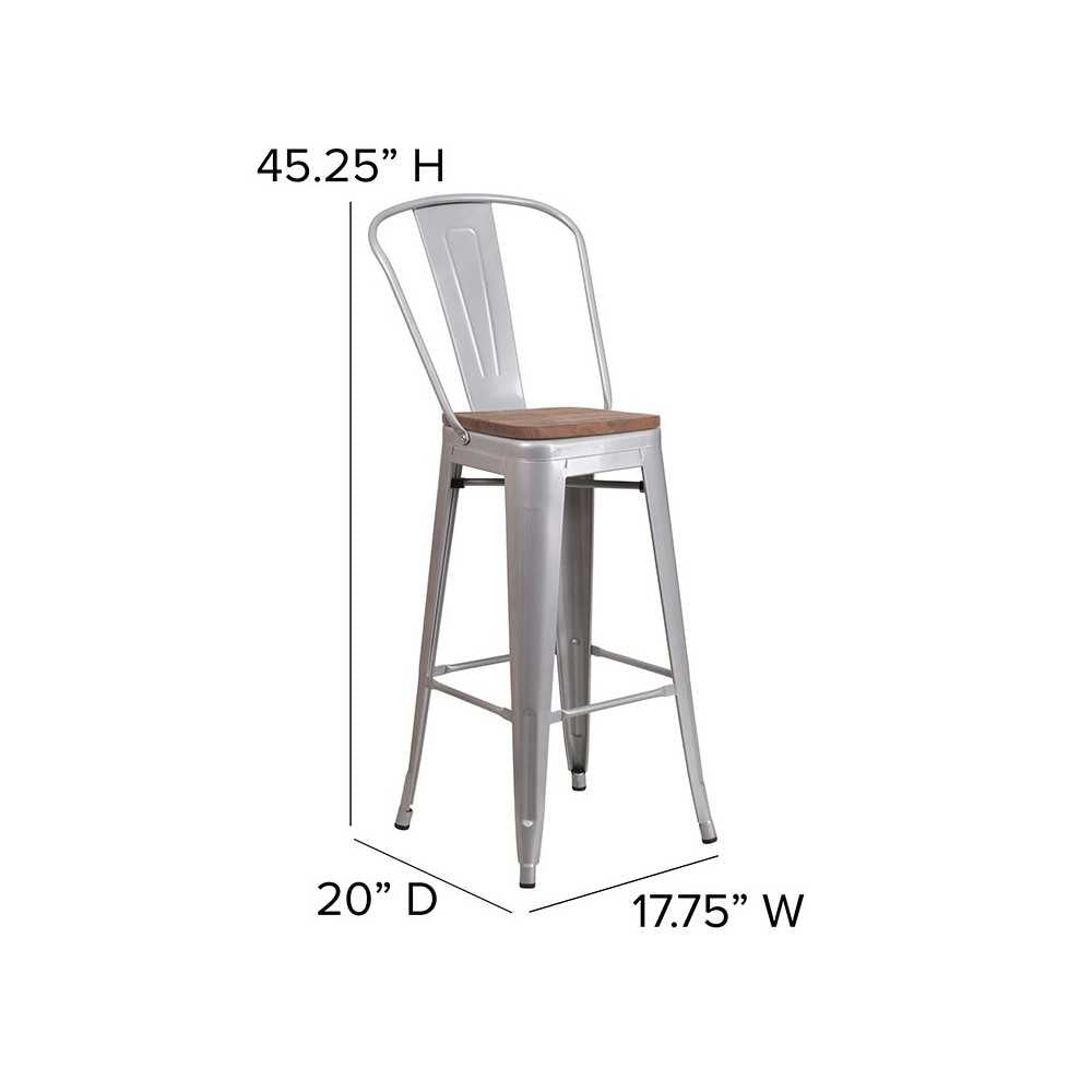 30" High Silver Metal Barstool with Back and Wood Seat
