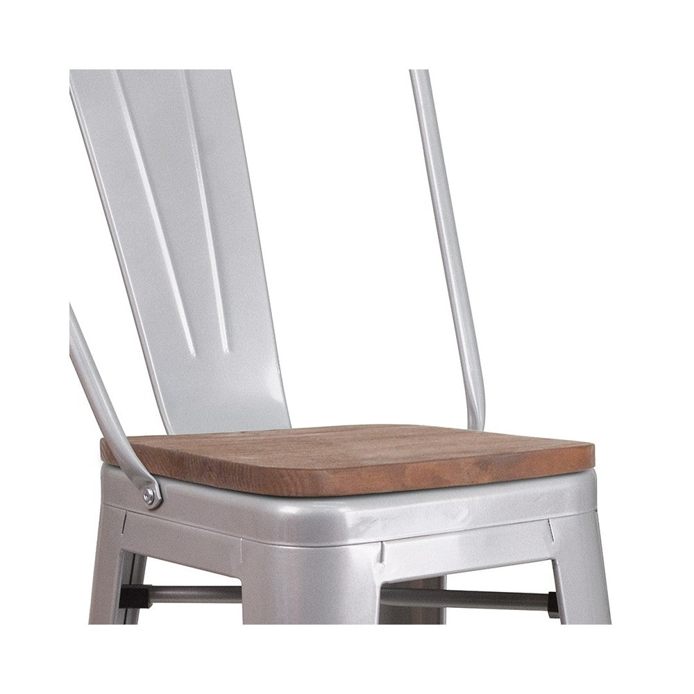 30" High Silver Metal Barstool with Back and Wood Seat