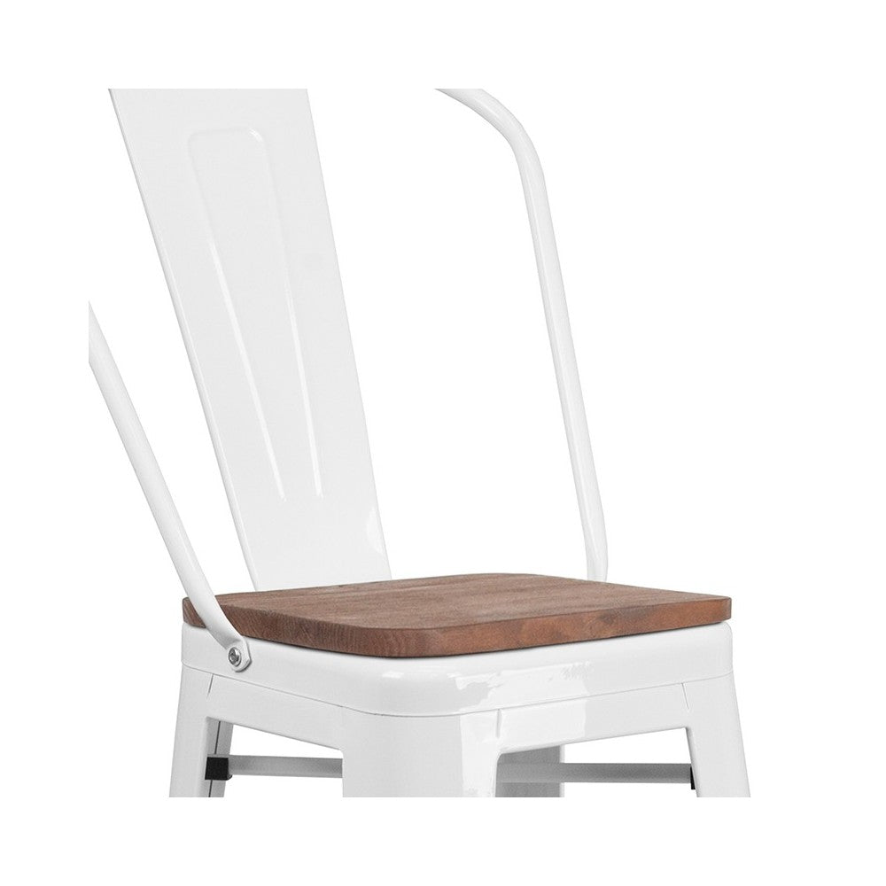 30" High White Metal Barstool with Back and Wood Seat