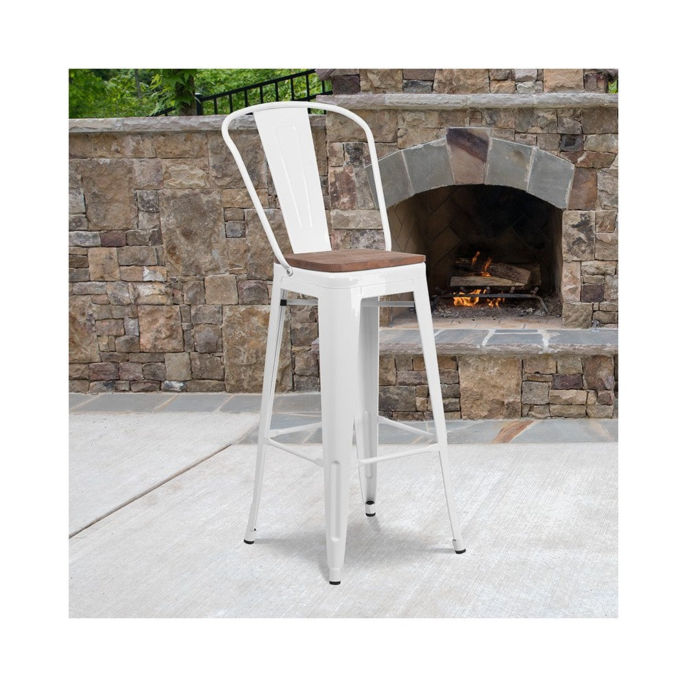 30" High White Metal Barstool with Back and Wood Seat