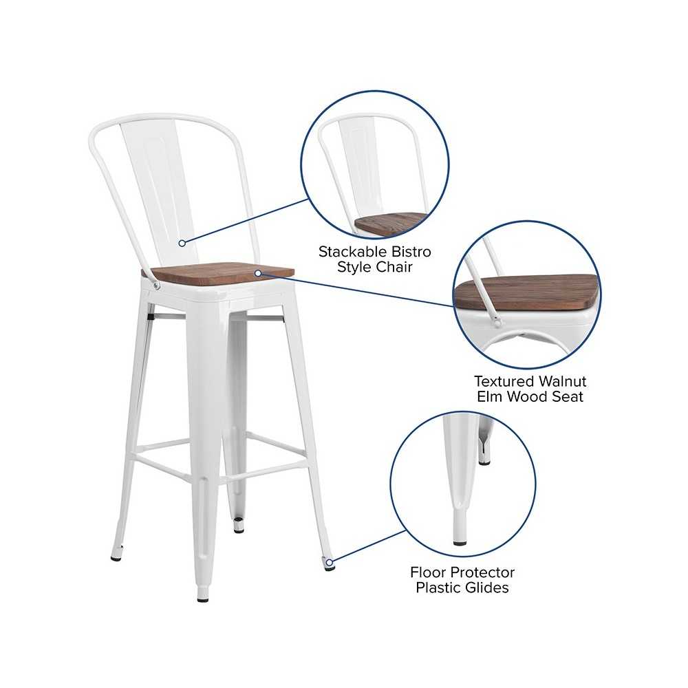 30" High White Metal Barstool with Back and Wood Seat