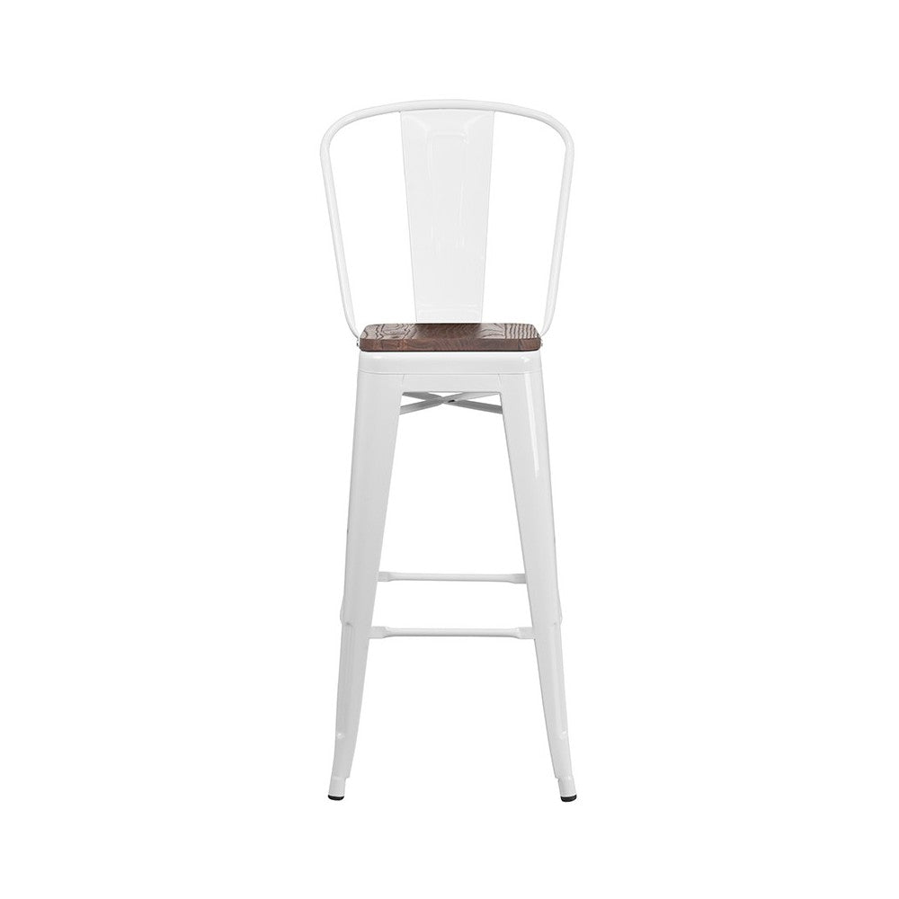 30" High White Metal Barstool with Back and Wood Seat