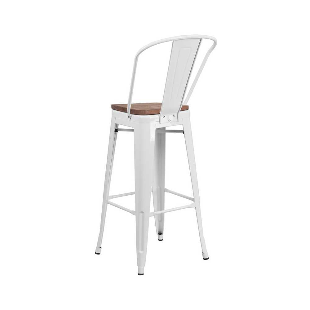 30" High White Metal Barstool with Back and Wood Seat