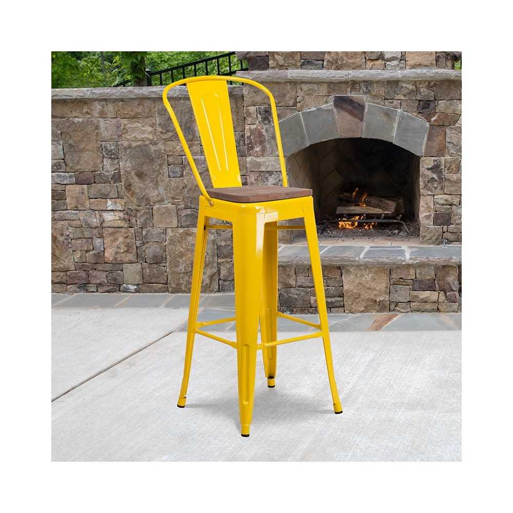 30" High Yellow Metal Barstool with Back and Wood Seat