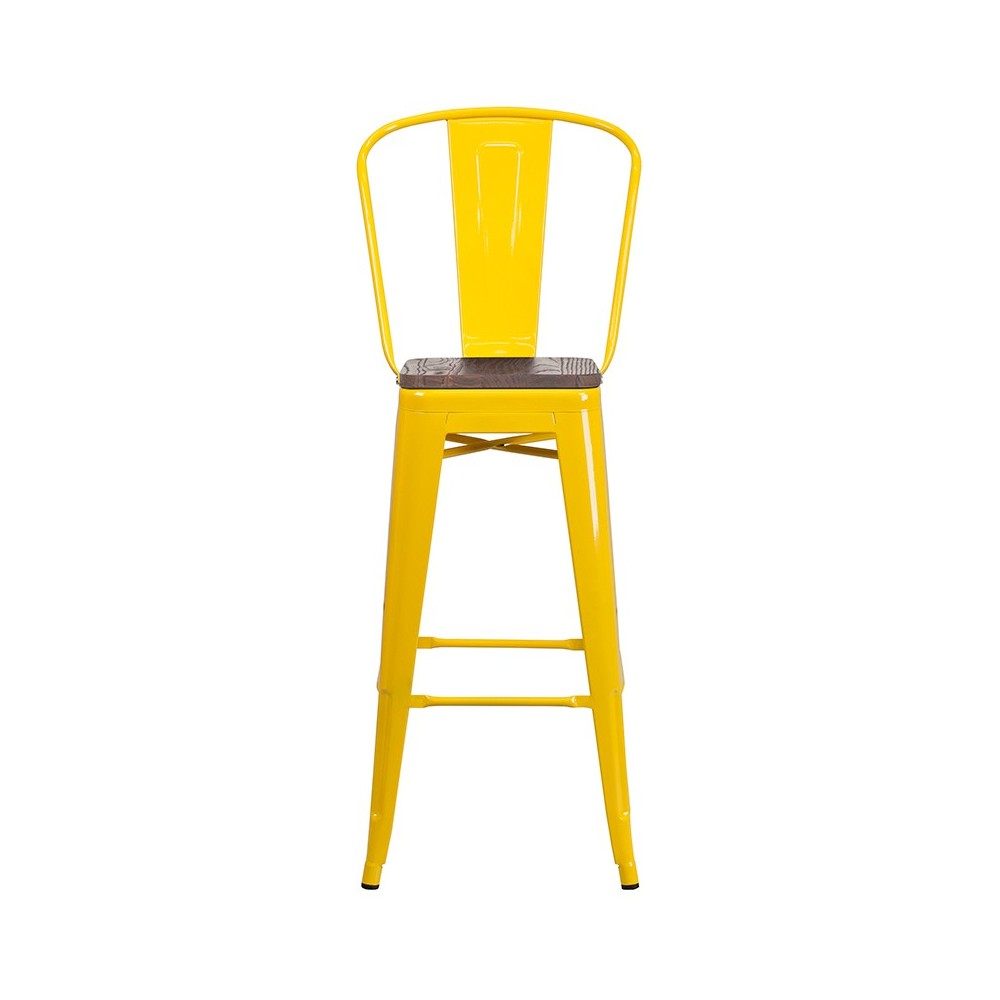 30" High Yellow Metal Barstool with Back and Wood Seat