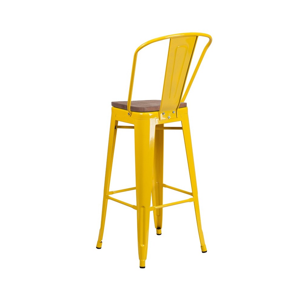 30" High Yellow Metal Barstool with Back and Wood Seat