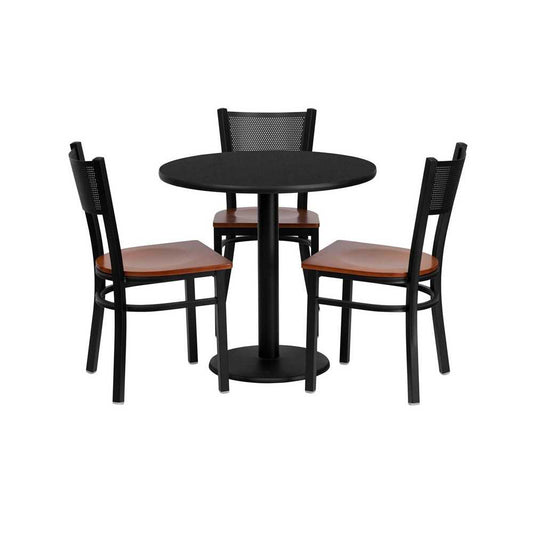 30'' Round Black Laminate Table Set with 3 Grid Back Metal Chairs - Cherry Wood Seat