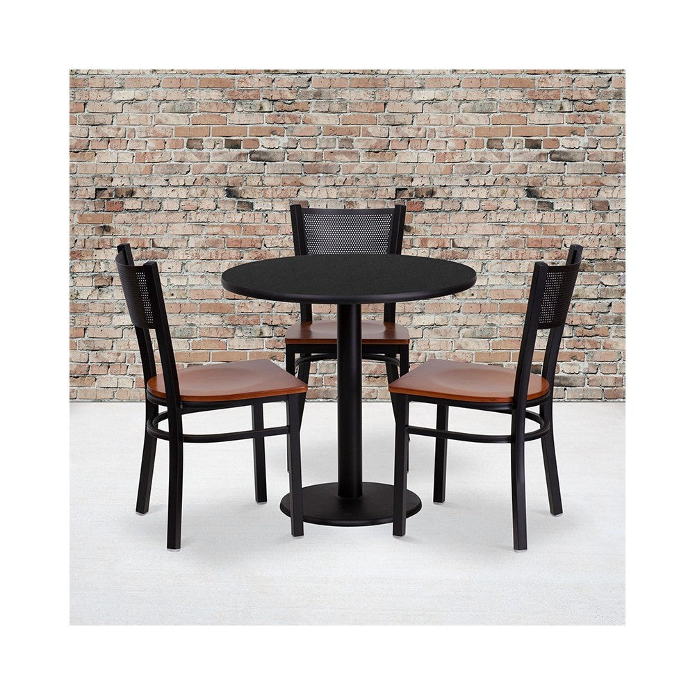 30'' Round Black Laminate Table Set with 3 Grid Back Metal Chairs - Cherry Wood Seat