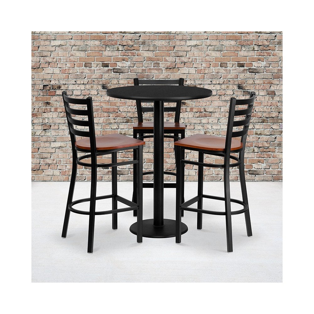 30'' Round Black Laminate Table Set with 3 Ladder Back Metal Barstools - Cherry Wood Seat