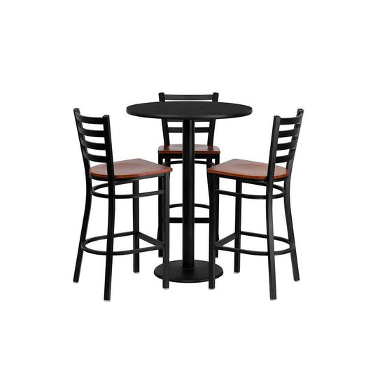 30'' Round Black Laminate Table Set with 3 Ladder Back Metal Barstools - Cherry Wood Seat