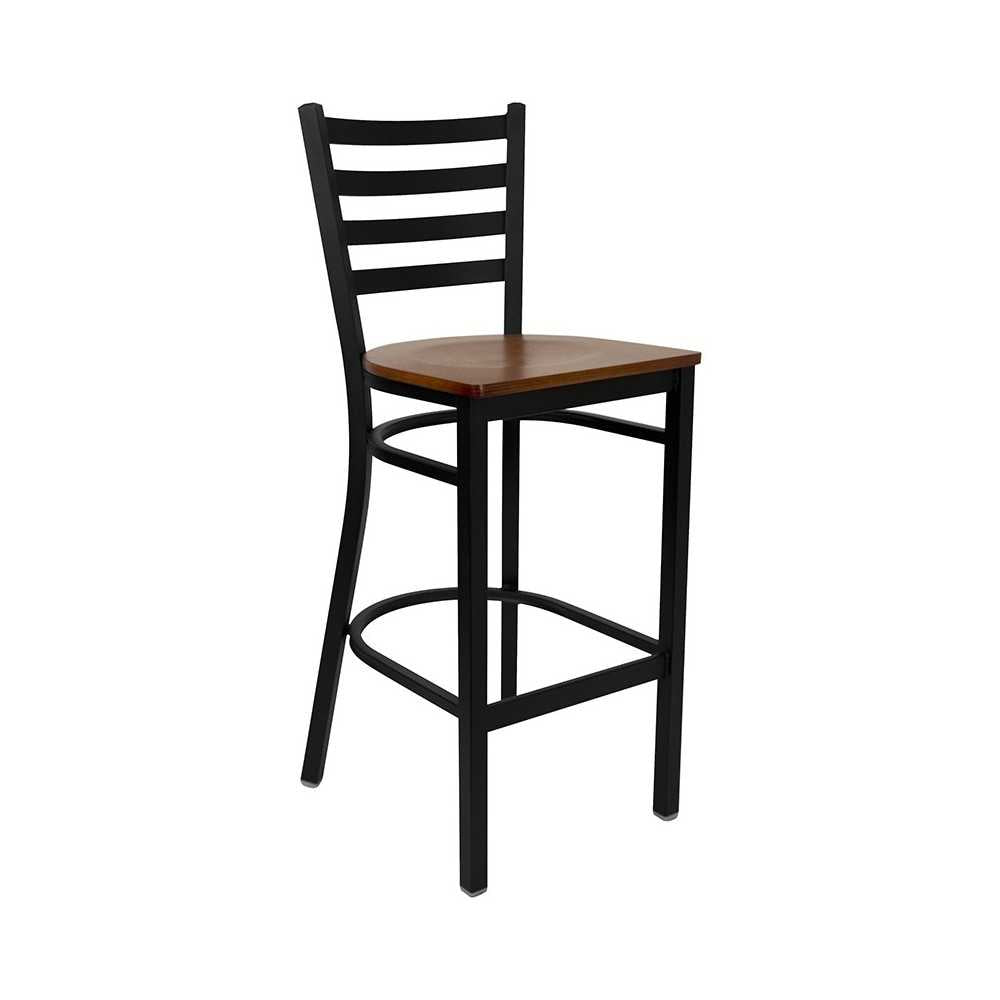 30'' Round Black Laminate Table Set with 3 Ladder Back Metal Barstools - Cherry Wood Seat