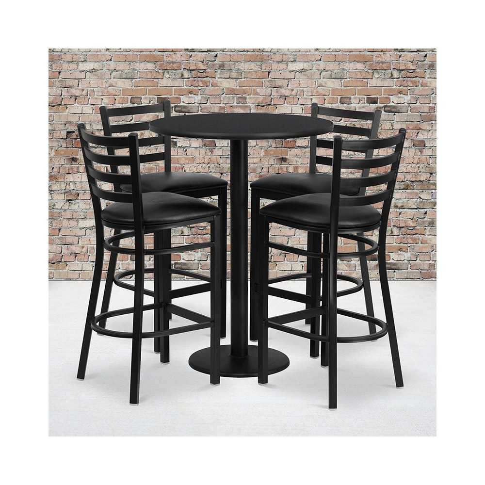 30'' Round Black Laminate Table Set with Round Base and 4 Ladder Back Metal Barstools - Black Vinyl Seat