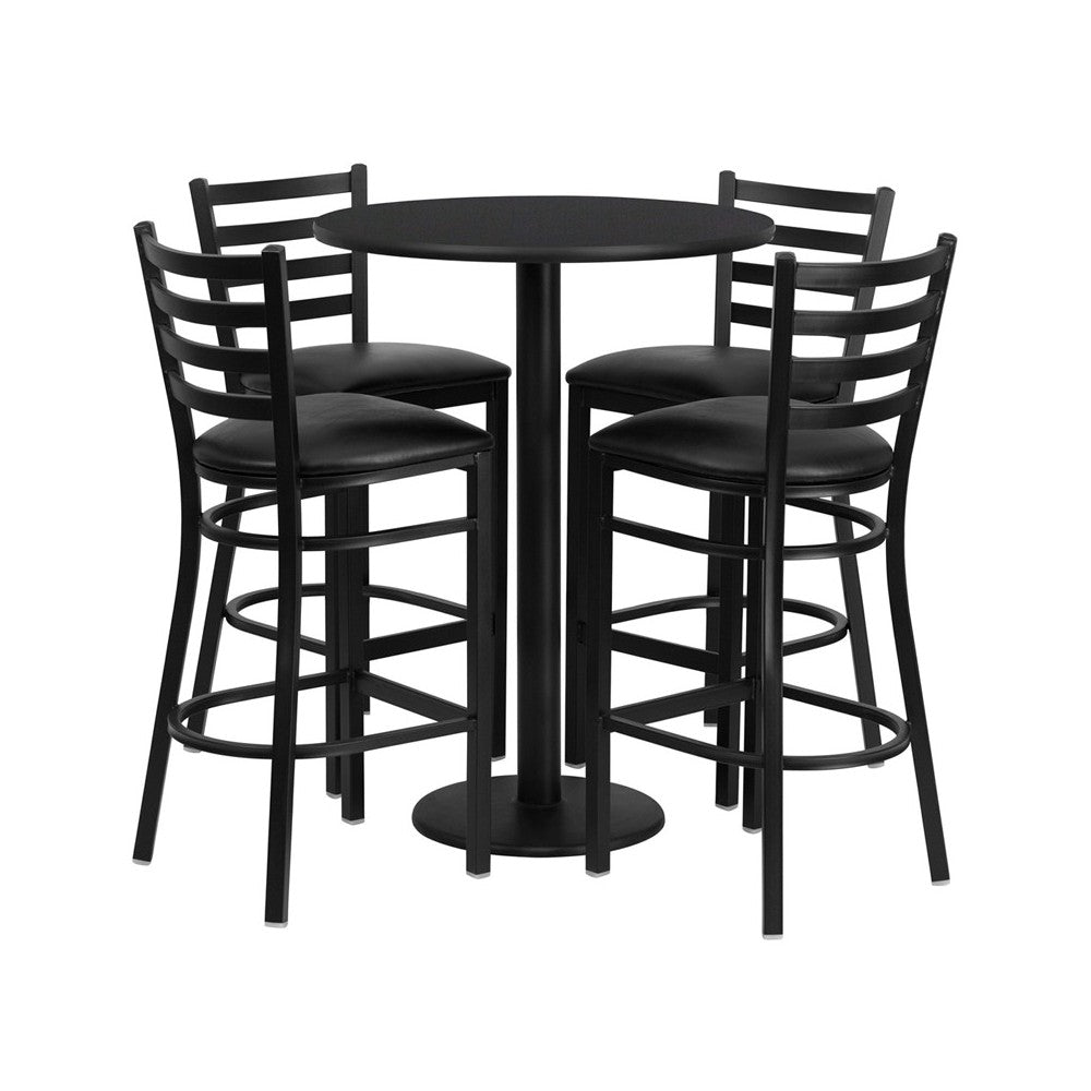 30'' Round Black Laminate Table Set with Round Base and 4 Ladder Back Metal Barstools - Black Vinyl Seat