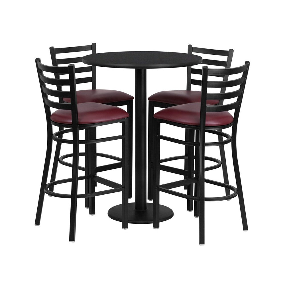 30'' Round Black Laminate Table Set with Round Base and 4 Ladder Back Metal Barstools - Burgundy Vinyl Seat