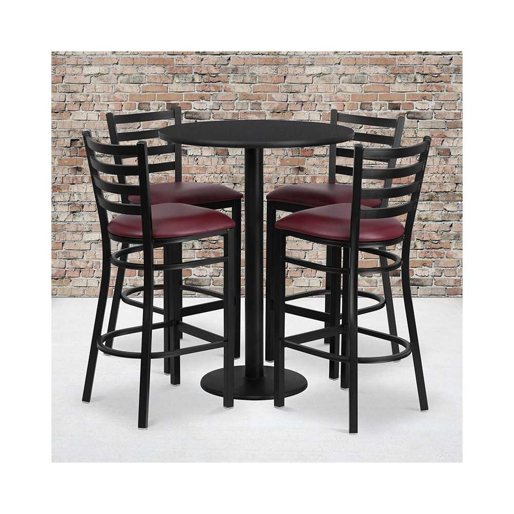 30'' Round Black Laminate Table Set with Round Base and 4 Ladder Back Metal Barstools - Burgundy Vinyl Seat