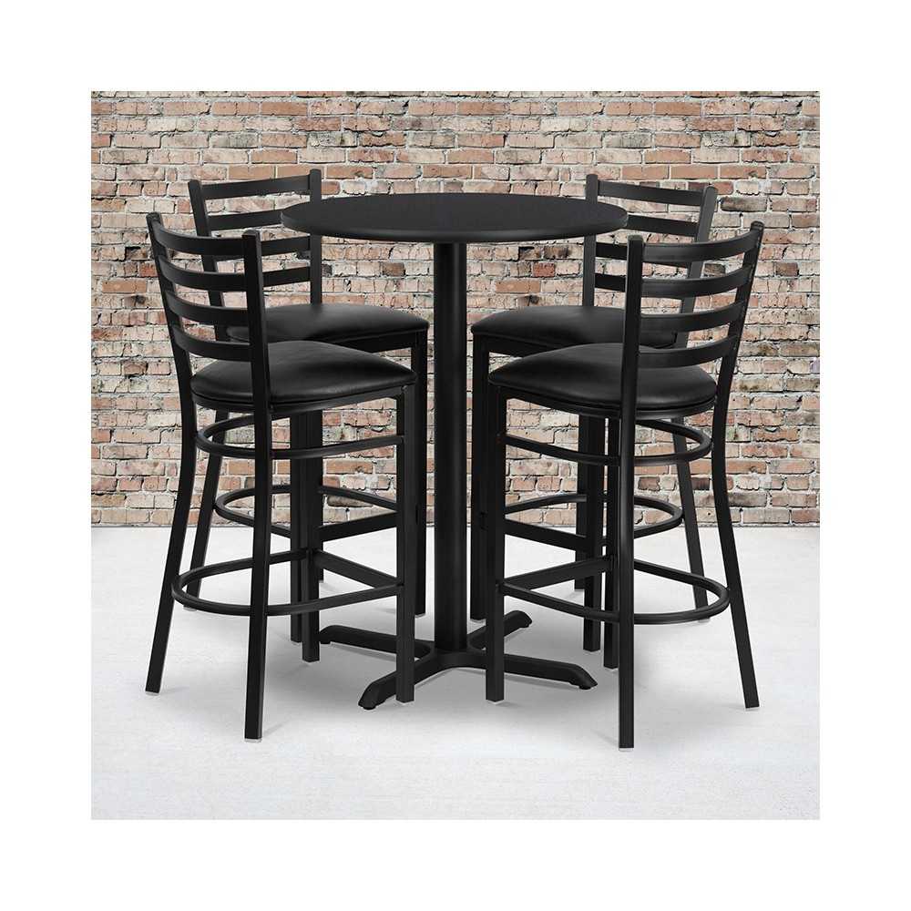 30'' Round Black Laminate Table Set with X-Base and 4 Ladder Back Metal Barstools - Black Vinyl Seat