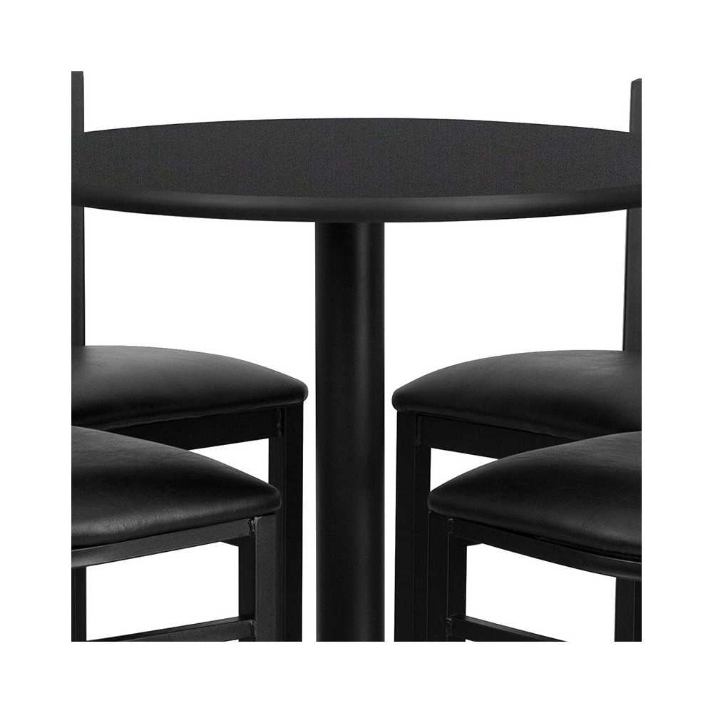 30'' Round Black Laminate Table Set with X-Base and 4 Ladder Back Metal Barstools - Black Vinyl Seat