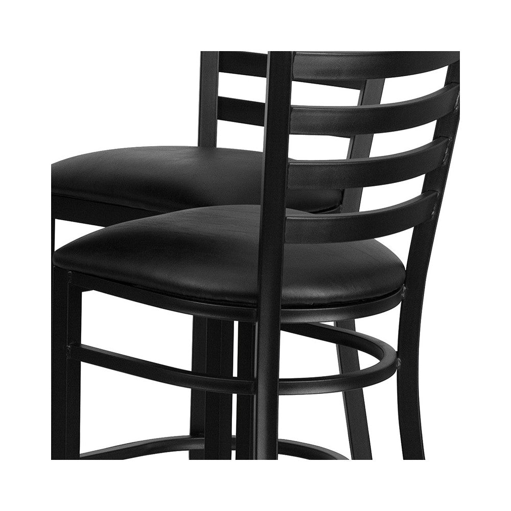 30'' Round Black Laminate Table Set with X-Base and 4 Ladder Back Metal Barstools - Black Vinyl Seat