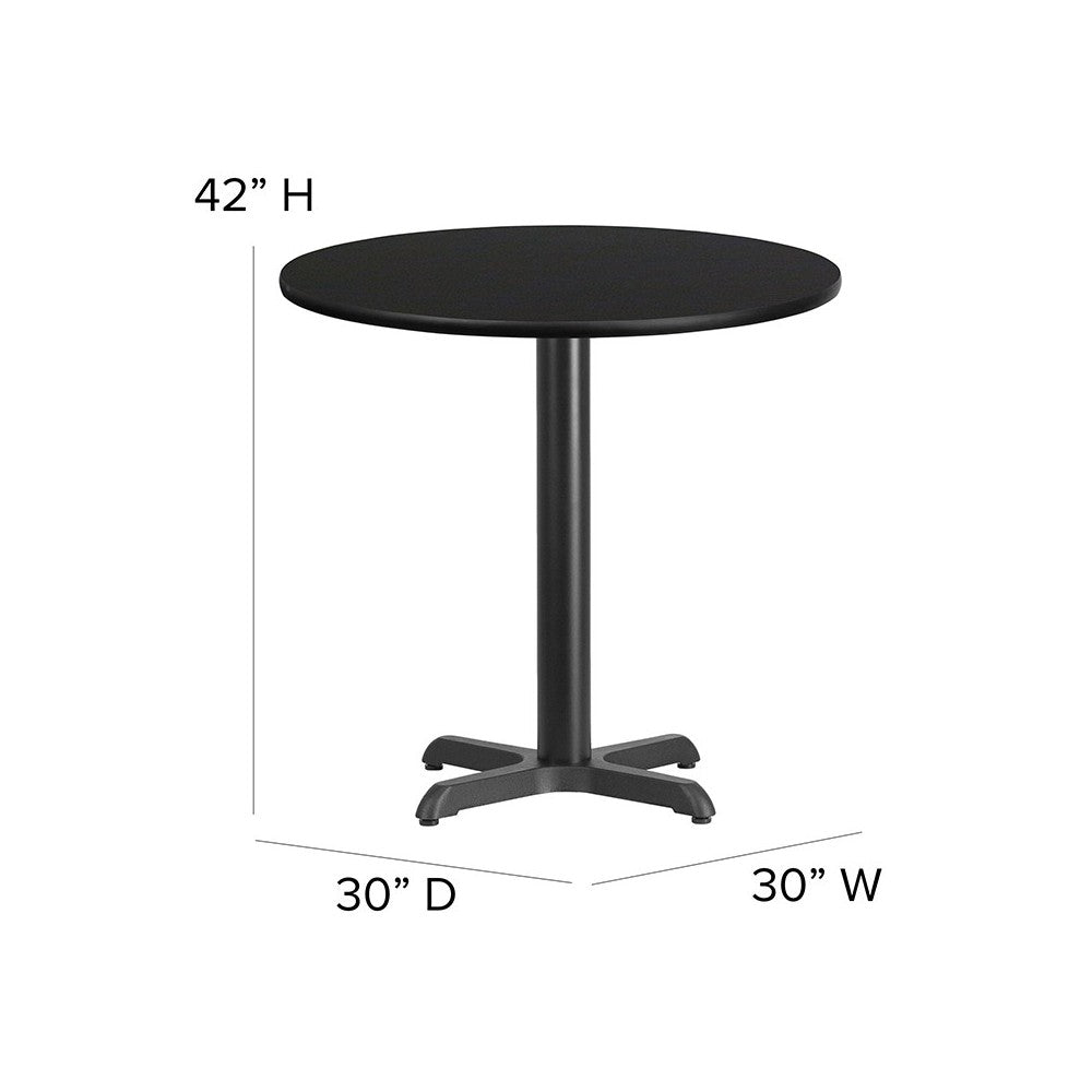 30'' Round Black Laminate Table Set with X-Base and 4 Ladder Back Metal Barstools - Black Vinyl Seat