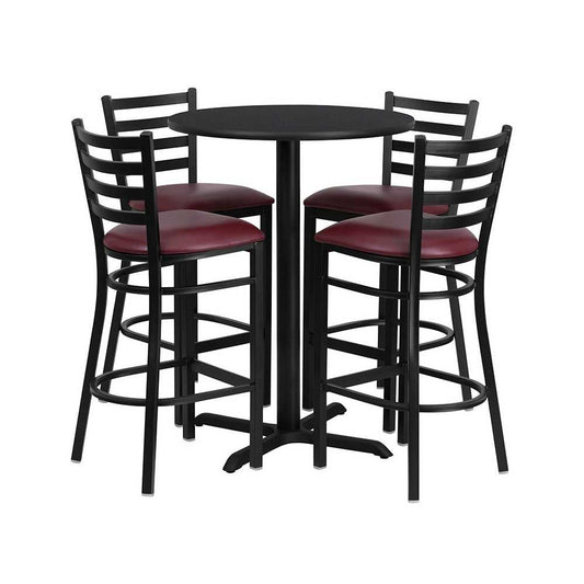 30'' Round Black Laminate Table Set with X-Base and 4 Ladder Back Metal Barstools - Burgundy Vinyl Seat