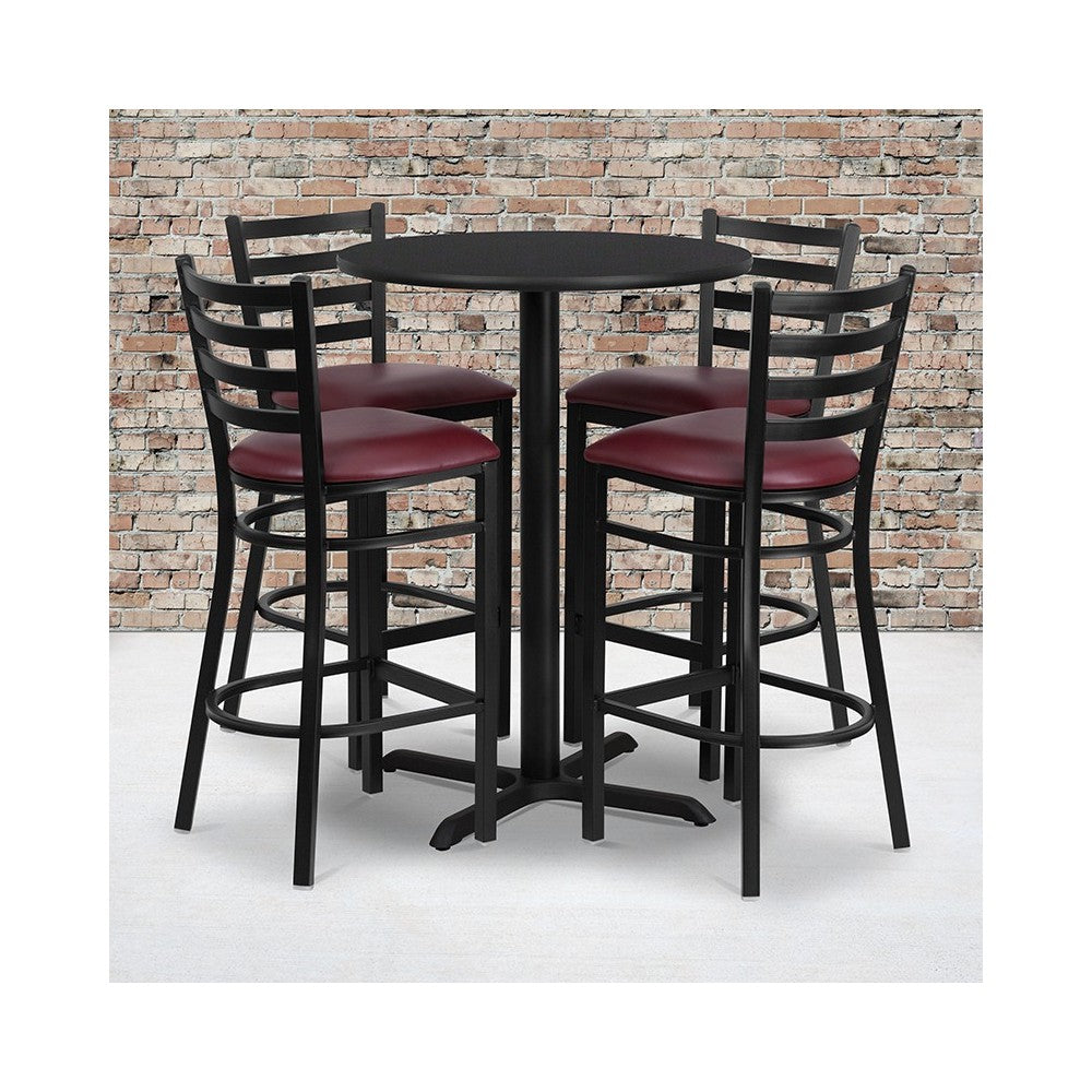 30'' Round Black Laminate Table Set with X-Base and 4 Ladder Back Metal Barstools - Burgundy Vinyl Seat