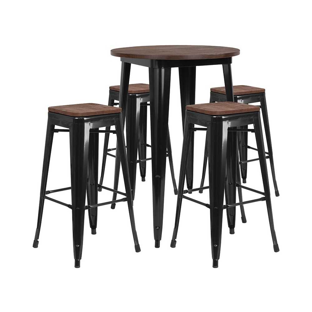 30" Round Black Metal Bar Table Set with Wood Top and 4 Backless Stools