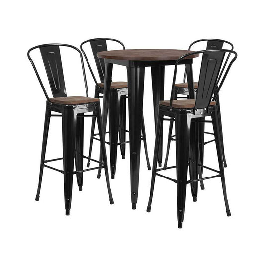 30" Round Black Metal Bar Table Set with Wood Top and 4 Stools