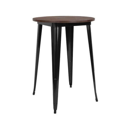 30" Round Black Metal Indoor Bar Height Table with Walnut Rustic Wood Top